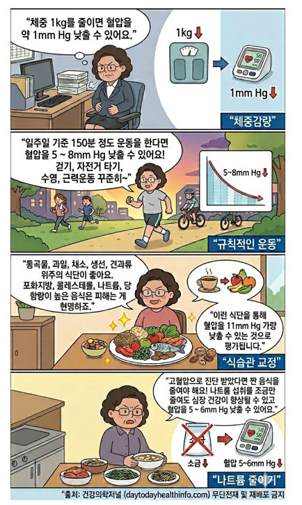 혈압 관리를 위한 4가지 생활 습관 개선 방법을 설명하는 교육용 만화. 각 컷은 주제에 맞게 중년 여성 캐릭터가 일상적인 행동(체중 감량, 운동, 식습관 개선, 나트륨 감량)을 실천하는 장면과 구체적인 건강 개선 수치(mmHg)를 보여주는 아이콘 및 설명으로 구성됨. 1컷: 체중 1kg 감량 시 혈압 1mm Hg 감소 효과 설명. 2컷: 주 150분 꾸준한 운동으로 혈압 5-8mm Hg 감소 권장. 3컷: 통곡물, 과일, 채소 위주의 건강 식단으로 혈압 11mm Hg 감소 권장. 4컷: 나트륨 줄이기 실천으로 혈압 5-6mm Hg 감소 및 심장 건강 향상 강조