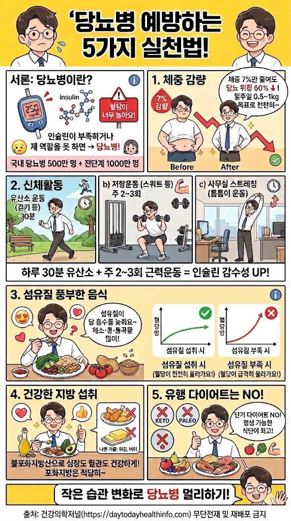당뇨병 예방을 위한 5가지 생활 수칙을 담은 교육용 인포그래픽 웹툰입니다. 상단에는 '당뇨병 예방하는 5가지 실천법!'이라는 제목이 있고, 안경을 쓴 친근한 캐릭터가 등장합니다. 체중 감량: 체중 7% 감량 시 당뇨 위험 60% 감소 설명. 신체활동: 하루 30분 유산소와 주 2~3회 근력운동 권장. 섬유질 풍부한 음식: 채소, 콩, 통곡물 섭취와 혈당 그래프 비교. 건강한 지방 섭취: 아보카도, 연어 등 불포화지방산 권장 및 가공식품 주의. 지속 가능한 식단: 유행 다이어트 대신 균형 잡힌 식단 강조. 하단에는 '작은 습관 변화로 당뇨병 멀리하기!' 문구와 출처 '건강의학저널'이 표기되어 있습니다.