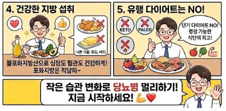 당뇨병 예방 5가지 생활 수칙 교육용 인포그래픽 웹툰. 4. 건강한 지방 섭취: 아보카도, 연어 등 불포화지방산 권장 및 가공식품 주의. 5. 지속 가능한 식단: 유행 다이어트 대신 균형 잡힌 식단 강조.하단에는 '작은 습관 변화로 당뇨병 멀리하기!' 문구와 출처 '건강의학저널'이 표기