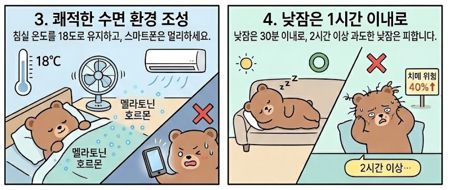 3번: 시원한 에어컨과 선풍기 바람 아래 곰이 잠들어 있습니다. 온도계는 18도를 가리키며, 스마트폰을 보며 잠을 설치는 모습 위에는 붉은 X 표시가 있습니다. 4번: 소파에서 잠깐 조는 모습(O)과 침대에서 머리가 헝클어진 채 괴로워하며 2시간 이상 자는 모습(X)을 대조합니다. '치매 위험 40% 증가'라는 문구가 포함됐습니다.