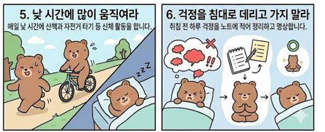 5번: 낮에 숲길을 산책하거나 자전거를 타는 활동적인 모습입니다. 이 활동이 밤의 깊은 잠으로 이어지는 화살표가 그려져 있습니다.6번: 침대에서 고민하는 곰의 머리 위에 구름 같은 걱정들이 떠 있습니다. 이를 노트에 적어 정리하고 명상을 거쳐 평온하게 잠드는 과정이 순서대로 그려져 있습니다.