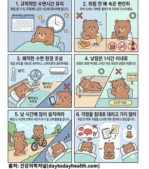 귀여운 갈색 곰 캐릭터를 활용하여 숙면을 돕는 6가지 방법을 설명하는 가이드라인입니다. 1번 칸: 침대에 누운 곰과 달력, 시계(11시)가 보입니다. "매일 밤 11시, 주말에도 같은 시간에 잠자리에 듭니다"라고 적혀 있습니다. 2번 칸: 치킨과 맥주 앞에서는 괴로워하고, 샐러드와 우유를 먹을 때는 행복해하는 모습입니다. 카페인, 담배, 술 금지 표시가 있습니다. 3번 칸: 시원한 에어컨과 선풍기 바람 아래 곰이 잠들어 있습니다. 온도계는 18도를 가리키며, 스마트폰을 보며 잠을 설치는 모습 위에는 붉은 X 표시가 있습니다. 4번 칸: 소파에서 잠깐 조는 모습(O)과 침대에서 머리가 헝클어진 채 괴로워하며 2시간 이상 자는 모습(X)을 대조합니다. '치매 위험 40% 증가'라는 문구가 포함되어 있습니다. 5번 칸: 낮에 숲길을 산책하거나 자전거를 타는 활동적인 모습입니다. 이 활동이 밤의 깊은 잠으로 이어지는 화살표가 그려져 있습니다. 6번 칸: 침대에서 고민하는 곰의 머리 위에 구름 같은 걱정들이 떠 있습니다. 이를 노트에 적어 정리하고 명상을 거쳐 평온하게 잠드는 과정이 순서대로 그려져 있습니다. 하단 텍스트: 출처: 건강의학저널(daytodayhealth.com) / 무단전재 및 재배포 금지