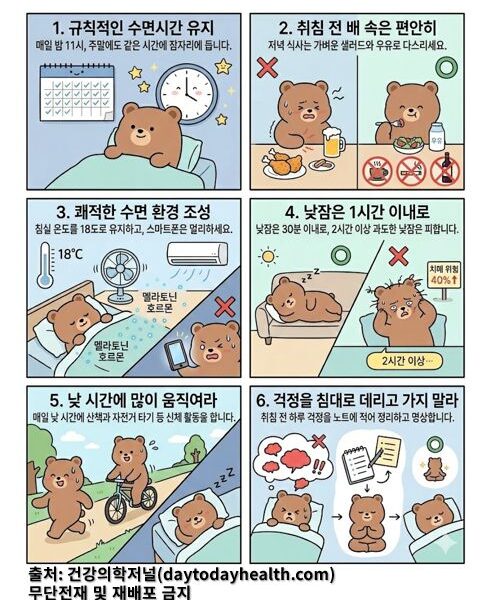 귀여운 갈색 곰 캐릭터를 활용하여 숙면을 돕는 6가지 방법을 설명하는 가이드라인입니다. 1번 칸: 침대에 누운 곰과 달력, 시계(11시)가 보입니다. "매일 밤 11시, 주말에도 같은 시간에 잠자리에 듭니다"라고 적혀 있습니다. 2번 칸: 치킨과 맥주 앞에서는 괴로워하고, 샐러드와 우유를 먹을 때는 행복해하는 모습입니다. 카페인, 담배, 술 금지 표시가 있습니다. 3번 칸: 시원한 에어컨과 선풍기 바람 아래 곰이 잠들어 있습니다. 온도계는 18도를 가리키며, 스마트폰을 보며 잠을 설치는 모습 위에는 붉은 X 표시가 있습니다. 4번 칸: 소파에서 잠깐 조는 모습(O)과 침대에서 머리가 헝클어진 채 괴로워하며 2시간 이상 자는 모습(X)을 대조합니다. '치매 위험 40% 증가'라는 문구가 포함되어 있습니다. 5번 칸: 낮에 숲길을 산책하거나 자전거를 타는 활동적인 모습입니다. 이 활동이 밤의 깊은 잠으로 이어지는 화살표가 그려져 있습니다. 6번 칸: 침대에서 고민하는 곰의 머리 위에 구름 같은 걱정들이 떠 있습니다. 이를 노트에 적어 정리하고 명상을 거쳐 평온하게 잠드는 과정이 순서대로 그려져 있습니다. 하단 텍스트: 출처: 건강의학저널(daytodayhealth.com) / 무단전재 및 재배포 금지