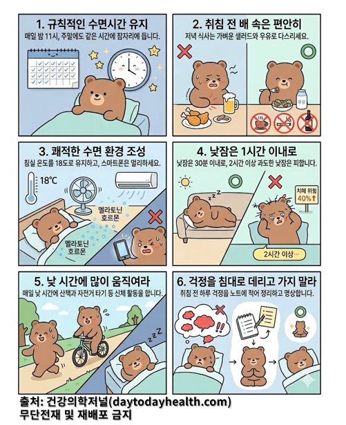 귀여운 갈색 곰 캐릭터를 활용하여 숙면을 돕는 6가지 방법을 설명하는 가이드라인입니다. 1번 칸: 침대에 누운 곰과 달력, 시계(11시)가 보입니다. "매일 밤 11시, 주말에도 같은 시간에 잠자리에 듭니다"라고 적혀 있습니다. 2번 칸: 치킨과 맥주 앞에서는 괴로워하고, 샐러드와 우유를 먹을 때는 행복해하는 모습입니다. 카페인, 담배, 술 금지 표시가 있습니다. 3번 칸: 시원한 에어컨과 선풍기 바람 아래 곰이 잠들어 있습니다. 온도계는 18도를 가리키며, 스마트폰을 보며 잠을 설치는 모습 위에는 붉은 X 표시가 있습니다. 4번 칸: 소파에서 잠깐 조는 모습(O)과 침대에서 머리가 헝클어진 채 괴로워하며 2시간 이상 자는 모습(X)을 대조합니다. '치매 위험 40% 증가'라는 문구가 포함되어 있습니다. 5번 칸: 낮에 숲길을 산책하거나 자전거를 타는 활동적인 모습입니다. 이 활동이 밤의 깊은 잠으로 이어지는 화살표가 그려져 있습니다. 6번 칸: 침대에서 고민하는 곰의 머리 위에 구름 같은 걱정들이 떠 있습니다. 이를 노트에 적어 정리하고 명상을 거쳐 평온하게 잠드는 과정이 순서대로 그려져 있습니다. 하단 텍스트: 출처: 건강의학저널(daytodayhealth.com) / 무단전재 및 재배포 금지