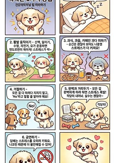 강아지 캐릭터가 알려주는 스트레스 해소법 6단계 안내 서적 스타일의 웹툰입니다. 숙면 취하기: 코르티솔 수치를 낮춰 감정 조절을 돕습니다. (잠자는 강아지 그림) 활발히 움직이기: 산책, 요가 등 운동으로 엔도르핀을 생성합니다. (운동하는 강아지 그림) 과식·과음·카페인 피하기: 당장은 괜찮아도 나중에 스트레스가 더 커집니다. (피자와 맥주를 먹고 힘들어하는 강아지 그림) 거절하기: 모든 걸 다 하려 하지 말고 'No'라고 말하세요. (친구들에게 거절 의사를 밝히는 강아지 그림) 완벽과 거리 두기: 실수해도 괜찮다는 마음으로 적당히 내려놓으세요. (공부 중 '적당히'를 외치는 강아지 그림) 금연하기: 니코틴은 오히려 불안을 키우고 스트레스를 높입니다. (담배를 부러뜨리는 강아지 그림) [결론]: 스트레스 관리로 행복한 하루 되세요! (하트와 함께 웃고 있는 강아지 그림)