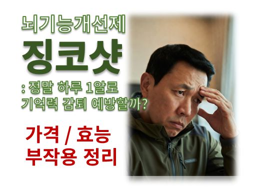 한 남성이 고민하고 있는 사진 위에 징코샷 뇌기능개선제 효과 부작용 가격 글이 적혀있음