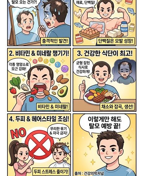 탈모 예방법 4가지를 안내하는 웹툰입니다. 컷 1 30대 초반 남성 주인공이 거울 속 자신의 이마(M자 탈모 진행 중)를 보며 "헉! 또 빠지네… 탈모 오는 건가?!"라며 충격받은 표정을 짓고 있습니다. 컷 2 주인공이 근육맨 포즈를 취하며 웃고 있습니다. 주변에 계란, 닭가슴살, 두부, 단백질 셰이크 아이콘이 떠 있고 "단백질은 모발 성장!"이라는 설명이 붙어 있습니다. 컷 3 주인공이 딸기, 시금치, 굴, 견과류를 맛있게 먹는 코믹한 모습입니다. 머리 위로 비타민 A, B, C, D, E와 아연, 비오틴 아이콘이 반짝입니다. 컷 4스테이크, 고구마, 브로콜리 등이 담긴 건강식 접시를 든 주인공이 엄지를 치켜세웁니다. 배경에 머리숱이 없어 고민하던 과거의 우울한 모습이 흐릿하게 대조됩니다. 컷 5 커다란 붉은색 X 표지판 뒤로, 머리를 꽉 묶은 여성과 파마 중인 남성 캐릭터가 보입니다. 주인공은 손가락으로 'NO' 제스처를 하며 "무리한 묶기 & 자극 금지!"라고 경고합니다. 컷 6 주인공의 머리숱이 눈에 띄게 풍성해지고 인상이 밝아졌습니다. "이렇게만 해도 탈모 예방 끝!"이라는 큰 말풍선과 함께 자신감 있게 웃고 있습니다.