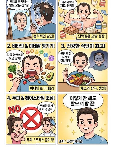 탈모 예방법 4가지를 안내하는 웹툰입니다. 컷 1 30대 초반 남성 주인공이 거울 속 자신의 이마(M자 탈모 진행 중)를 보며 "헉! 또 빠지네… 탈모 오는 건가?!"라며 충격받은 표정을 짓고 있습니다. 컷 2 주인공이 근육맨 포즈를 취하며 웃고 있습니다. 주변에 계란, 닭가슴살, 두부, 단백질 셰이크 아이콘이 떠 있고 "단백질은 모발 성장!"이라는 설명이 붙어 있습니다. 컷 3 주인공이 딸기, 시금치, 굴, 견과류를 맛있게 먹는 코믹한 모습입니다. 머리 위로 비타민 A, B, C, D, E와 아연, 비오틴 아이콘이 반짝입니다. 컷 4스테이크, 고구마, 브로콜리 등이 담긴 건강식 접시를 든 주인공이 엄지를 치켜세웁니다. 배경에 머리숱이 없어 고민하던 과거의 우울한 모습이 흐릿하게 대조됩니다. 컷 5 커다란 붉은색 X 표지판 뒤로, 머리를 꽉 묶은 여성과 파마 중인 남성 캐릭터가 보입니다. 주인공은 손가락으로 'NO' 제스처를 하며 "무리한 묶기 & 자극 금지!"라고 경고합니다. 컷 6 주인공의 머리숱이 눈에 띄게 풍성해지고 인상이 밝아졌습니다. "이렇게만 해도 탈모 예방 끝!"이라는 큰 말풍선과 함께 자신감 있게 웃고 있습니다.