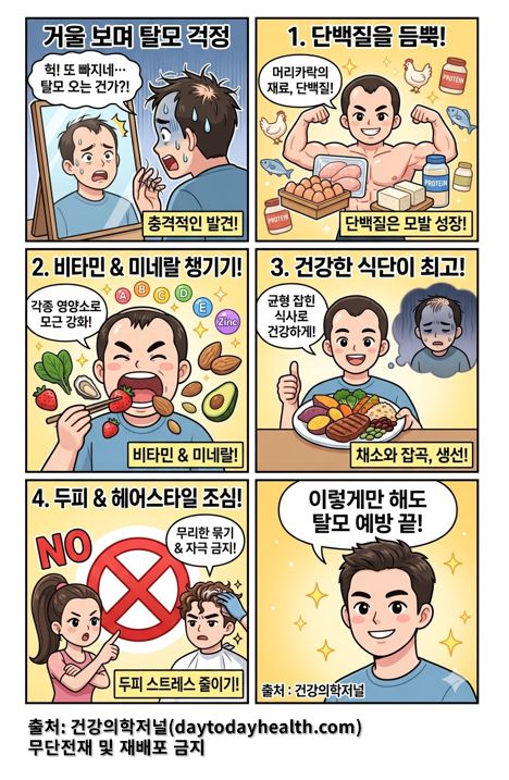 탈모 예방법 4가지를 안내하는 웹툰입니다. 컷 1 30대 초반 남성 주인공이 거울 속 자신의 이마(M자 탈모 진행 중)를 보며 "헉! 또 빠지네… 탈모 오는 건가?!"라며 충격받은 표정을 짓고 있습니다. 컷 2 주인공이 근육맨 포즈를 취하며 웃고 있습니다. 주변에 계란, 닭가슴살, 두부, 단백질 셰이크 아이콘이 떠 있고 "단백질은 모발 성장!"이라는 설명이 붙어 있습니다. 컷 3 주인공이 딸기, 시금치, 굴, 견과류를 맛있게 먹는 코믹한 모습입니다. 머리 위로 비타민 A, B, C, D, E와 아연, 비오틴 아이콘이 반짝입니다. 컷 4스테이크, 고구마, 브로콜리 등이 담긴 건강식 접시를 든 주인공이 엄지를 치켜세웁니다. 배경에 머리숱이 없어 고민하던 과거의 우울한 모습이 흐릿하게 대조됩니다. 컷 5 커다란 붉은색 X 표지판 뒤로, 머리를 꽉 묶은 여성과 파마 중인 남성 캐릭터가 보입니다. 주인공은 손가락으로 'NO' 제스처를 하며 "무리한 묶기 & 자극 금지!"라고 경고합니다. 컷 6 주인공의 머리숱이 눈에 띄게 풍성해지고 인상이 밝아졌습니다. "이렇게만 해도 탈모 예방 끝!"이라는 큰 말풍선과 함께 자신감 있게 웃고 있습니다.