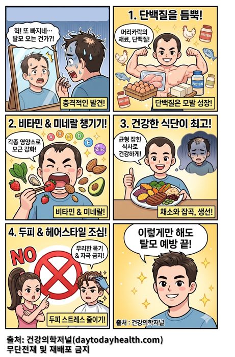 탈모 예방법 4가지를 안내하는 웹툰입니다. 컷 1 30대 초반 남성 주인공이 거울 속 자신의 이마(M자 탈모 진행 중)를 보며 "헉! 또 빠지네… 탈모 오는 건가?!"라며 충격받은 표정을 짓고 있습니다. 컷 2 주인공이 근육맨 포즈를 취하며 웃고 있습니다. 주변에 계란, 닭가슴살, 두부, 단백질 셰이크 아이콘이 떠 있고 "단백질은 모발 성장!"이라는 설명이 붙어 있습니다. 컷 3 주인공이 딸기, 시금치, 굴, 견과류를 맛있게 먹는 코믹한 모습입니다. 머리 위로 비타민 A, B, C, D, E와 아연, 비오틴 아이콘이 반짝입니다. 컷 4스테이크, 고구마, 브로콜리 등이 담긴 건강식 접시를 든 주인공이 엄지를 치켜세웁니다. 배경에 머리숱이 없어 고민하던 과거의 우울한 모습이 흐릿하게 대조됩니다. 컷 5 커다란 붉은색 X 표지판 뒤로, 머리를 꽉 묶은 여성과 파마 중인 남성 캐릭터가 보입니다. 주인공은 손가락으로 'NO' 제스처를 하며 "무리한 묶기 & 자극 금지!"라고 경고합니다. 컷 6 주인공의 머리숱이 눈에 띄게 풍성해지고 인상이 밝아졌습니다. "이렇게만 해도 탈모 예방 끝!"이라는 큰 말풍선과 함께 자신감 있게 웃고 있습니다.