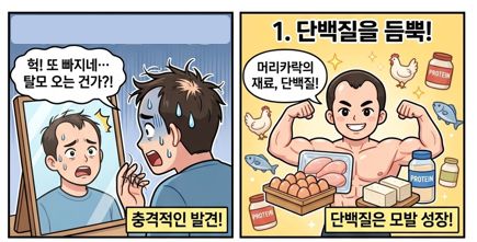 컷 1 30대 초반 남성 주인공이 거울 속 자신의 이마를 보며 "헉! 또 빠지네… 탈모 오는 건가?!"라며 충격받은 표정을 짓고 있습니다. 컷 2 주인공이 근육맨 포즈를 취하며 웃고 있습니다. 주변에 계란, 닭가슴살, 두부, 단백질 셰이크 아이콘이 떠 있고 "단백질은 모발 성장!"이라는 설명이 붙어 있습니다.