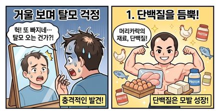 컷 1 30대 초반 남성 주인공이 거울 속 자신의 이마를 보며 "헉! 또 빠지네… 탈모 오는 건가?!"라며 충격받은 표정을 짓고 있습니다.컷 2  주인공이 근육맨 포즈를 취하며 웃고 있습니다. 주변에 계란, 닭가슴살, 두부, 단백질 셰이크 아이콘이 떠 있고 "단백질은 모발 성장!"이라는 설명이 붙어 있습니다.