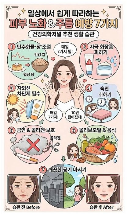 밝고 친근한 일러스트 스타일의 교육용 포스터. 제목: 일상에서 쉽게 따라 하는 피부 노화 & 주름 예방 7가지 중앙: 긴 갈색 머리의 젊은 여성이 밝게 웃으며 손가락으로 7을 그리고 있다. 말풍선에는 "매일 7가지!", "10년 젊어졌다!"라고 적혀 있다. 여성 주변으로 원형 아이콘에 담긴 7가지 팁이 시계 방향으로 배치됐다. 7가지 팁 상세: 탄수화물·당 조절: 혈당 스파이크 그래프와 설탕 케이크를 X 표시하고, 건강 쌀(현미밥)을 권장하는 아이콘. (텍스트: 탄수화물·당 조절, 건강 쌀, 혈당 당) 자극 화장품 피하기: 경고 표시가 있는 튜브 화장품을 피하고, 수분 방울과 함께 세라마이드 크림을 권장하는 아이콘. (텍스트: 자극 화장품 피하기, 세라마이드 크림) 자외선 차단제 필수: 강력한 태양 빛을 차단막으로 막아내는 선크림 튜브(SPF 50+ UVB). 옆에 선크림을 바르는 작은 캐릭터가 있습니다. (텍스트: 자외선 차단제 필수) 푹 자는 침대 & 시계: 침대에서 편안하게 자는 모습과 시계 아이콘. 충분한 수면을 상징합니다. (텍스트: 푹 자는 침대 & 시계) 금연 & 콜라겐 보호: 담배 연기 속에 커다란 붉은 X 표시가 있고, 가위가 '콜라겐'이라고 적힌 사슬을 끊으려는 모습을 막는 아이콘. (텍스트: 금연 & 콜라겐 보호, 콜라겐) 올리브오일 & 음식: 올리브오일 병, 아몬드, 연어, 각종 채소와 과일이 가득 담긴 바구니 아이콘. 옆에 아몬드를 먹는 작은 캐릭터가 있다. (텍스트: 올리브오일 & 음식) 깨끗한 공기 마시기: 회색 매연 도시와 초록색 공원이 반반씩 대비되는 원형 아이콘. 공원 쪽에서 신선한 공기를 마시는 작은 캐릭터가 있다. (텍스트: 깨끗한 공기 마시기) 하단 비교 컷: 왼쪽 사각 프레임에는 주름이 많고 칙칙한 피부의 노안 얼굴이 "습관 전 Before"라는 텍스트와 함께 있다. 오른쪽 사각 프레임에는 피부가 매끈하고 생기 넘치는 밝은 얼굴이 "습관 후 After"라는 텍스트와 함께 배치되어 대조를 이룬다.