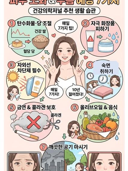 밝고 친근한 일러스트 스타일의 교육용 포스터. 제목: 일상에서 쉽게 따라 하는 피부 노화 & 주름 예방 7가지 중앙: 긴 갈색 머리의 젊은 여성이 밝게 웃으며 손가락으로 7을 그리고 있다. 말풍선에는 "매일 7가지!", "10년 젊어졌다!"라고 적혀 있다. 여성 주변으로 원형 아이콘에 담긴 7가지 팁이 시계 방향으로 배치됐다. 7가지 팁 상세: 탄수화물·당 조절: 혈당 스파이크 그래프와 설탕 케이크를 X 표시하고, 건강 쌀(현미밥)을 권장하는 아이콘. (텍스트: 탄수화물·당 조절, 건강 쌀, 혈당 당) 자극 화장품 피하기: 경고 표시가 있는 튜브 화장품을 피하고, 수분 방울과 함께 세라마이드 크림을 권장하는 아이콘. (텍스트: 자극 화장품 피하기, 세라마이드 크림) 자외선 차단제 필수: 강력한 태양 빛을 차단막으로 막아내는 선크림 튜브(SPF 50+ UVB). 옆에 선크림을 바르는 작은 캐릭터가 있습니다. (텍스트: 자외선 차단제 필수) 푹 자는 침대 & 시계: 침대에서 편안하게 자는 모습과 시계 아이콘. 충분한 수면을 상징합니다. (텍스트: 푹 자는 침대 & 시계) 금연 & 콜라겐 보호: 담배 연기 속에 커다란 붉은 X 표시가 있고, 가위가 '콜라겐'이라고 적힌 사슬을 끊으려는 모습을 막는 아이콘. (텍스트: 금연 & 콜라겐 보호, 콜라겐) 올리브오일 & 음식: 올리브오일 병, 아몬드, 연어, 각종 채소와 과일이 가득 담긴 바구니 아이콘. 옆에 아몬드를 먹는 작은 캐릭터가 있다. (텍스트: 올리브오일 & 음식) 깨끗한 공기 마시기: 회색 매연 도시와 초록색 공원이 반반씩 대비되는 원형 아이콘. 공원 쪽에서 신선한 공기를 마시는 작은 캐릭터가 있다. (텍스트: 깨끗한 공기 마시기) 하단 비교 컷: 왼쪽 사각 프레임에는 주름이 많고 칙칙한 피부의 노안 얼굴이 "습관 전 Before"라는 텍스트와 함께 있다. 오른쪽 사각 프레임에는 피부가 매끈하고 생기 넘치는 밝은 얼굴이 "습관 후 After"라는 텍스트와 함께 배치되어 대조를 이룬다.