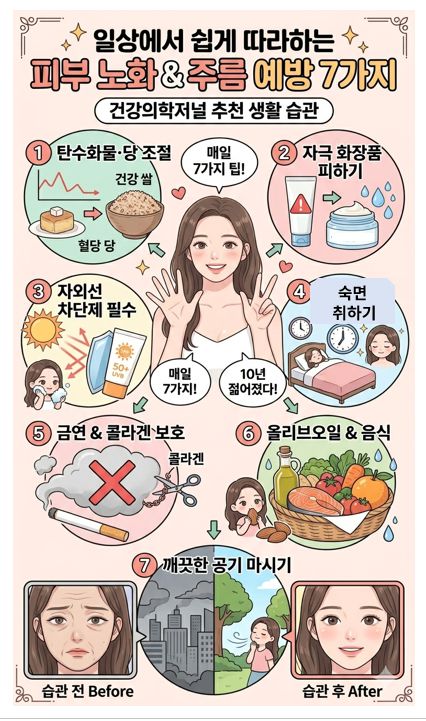 밝고 친근한 일러스트 스타일의 교육용 포스터. 제목: 일상에서 쉽게 따라 하는 피부 노화 & 주름 예방 7가지 중앙: 긴 갈색 머리의 젊은 여성이 밝게 웃으며 손가락으로 7을 그리고 있다. 말풍선에는 "매일 7가지!", "10년 젊어졌다!"라고 적혀 있다. 여성 주변으로 원형 아이콘에 담긴 7가지 팁이 시계 방향으로 배치됐다. 7가지 팁 상세: 탄수화물·당 조절: 혈당 스파이크 그래프와 설탕 케이크를 X 표시하고, 건강 쌀(현미밥)을 권장하는 아이콘. (텍스트: 탄수화물·당 조절, 건강 쌀, 혈당 당) 자극 화장품 피하기: 경고 표시가 있는 튜브 화장품을 피하고, 수분 방울과 함께 세라마이드 크림을 권장하는 아이콘. (텍스트: 자극 화장품 피하기, 세라마이드 크림) 자외선 차단제 필수: 강력한 태양 빛을 차단막으로 막아내는 선크림 튜브(SPF 50+ UVB). 옆에 선크림을 바르는 작은 캐릭터가 있습니다. (텍스트: 자외선 차단제 필수) 푹 자는 침대 & 시계: 침대에서 편안하게 자는 모습과 시계 아이콘. 충분한 수면을 상징합니다. (텍스트: 푹 자는 침대 & 시계) 금연 & 콜라겐 보호: 담배 연기 속에 커다란 붉은 X 표시가 있고, 가위가 '콜라겐'이라고 적힌 사슬을 끊으려는 모습을 막는 아이콘. (텍스트: 금연 & 콜라겐 보호, 콜라겐) 올리브오일 & 음식: 올리브오일 병, 아몬드, 연어, 각종 채소와 과일이 가득 담긴 바구니 아이콘. 옆에 아몬드를 먹는 작은 캐릭터가 있다. (텍스트: 올리브오일 & 음식) 깨끗한 공기 마시기: 회색 매연 도시와 초록색 공원이 반반씩 대비되는 원형 아이콘. 공원 쪽에서 신선한 공기를 마시는 작은 캐릭터가 있다. (텍스트: 깨끗한 공기 마시기) 하단 비교 컷: 왼쪽 사각 프레임에는 주름이 많고 칙칙한 피부의 노안 얼굴이 "습관 전 Before"라는 텍스트와 함께 있다. 오른쪽 사각 프레임에는 피부가 매끈하고 생기 넘치는 밝은 얼굴이 "습관 후 After"라는 텍스트와 함께 배치되어 대조를 이룬다.