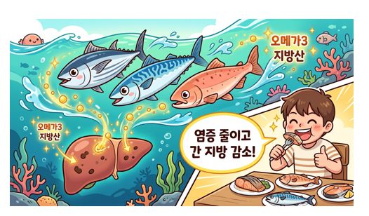 간에 좋은 음식  등푸른 생선으로 생선이 함유한 오메가 3가 간의 지방을 낮춘다는 내용