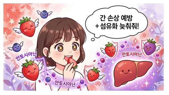 간에 좋은 음식 5 장과류로 딸기, 블루베리의 안토시아닌이 간 섬유화를 늦추는 역할을 한다는 내용