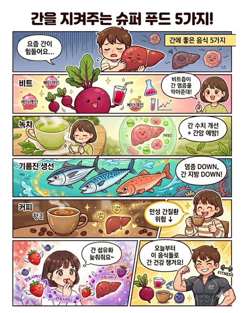 간 건강에 좋은 음식을 소개하는 웹툰으로 귀여운 캐릭터들이 간에 좋은 음식 5가지를 소개하는 내용. 
