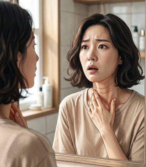 목주름 관리 제품을 소개하는 포스트의 커버로 한 여성이 거울에 비친 자신의 목주름에 놀라는 장면