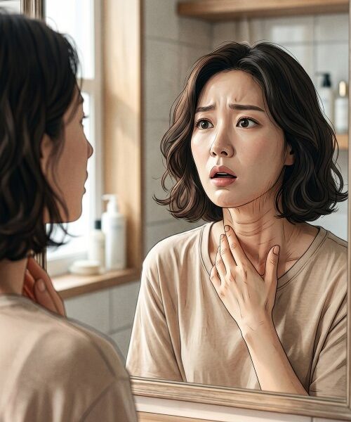 목주름 관리 제품을 소개하는 포스트의 커버로 한 여성이 거울에 비친 자신의 목주름에 놀라는 장면