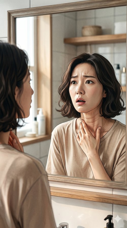 목주름 관리 제품을 소개하는 포스트의 커버로 한 여성이 거울에 비친 자신의 목주름에 놀라는 장면