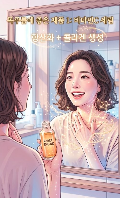 목주름 관리 제품 1 비타민C세럼편으로 한 여성이 비타민C세럼을 목에 바르고 기뻐하는 장면