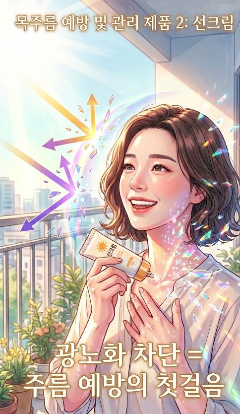 목주름 관리 제품 2 자외선차단제 편으로 한 여성이 햇빛 아래서 선크림을 바르는 장면