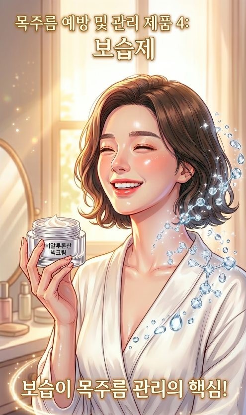 목주름 관리 제품 4 보습제 편으로 한 여성이 잠옷을 입은 채 히알루론산  보습제를 바르는 장면