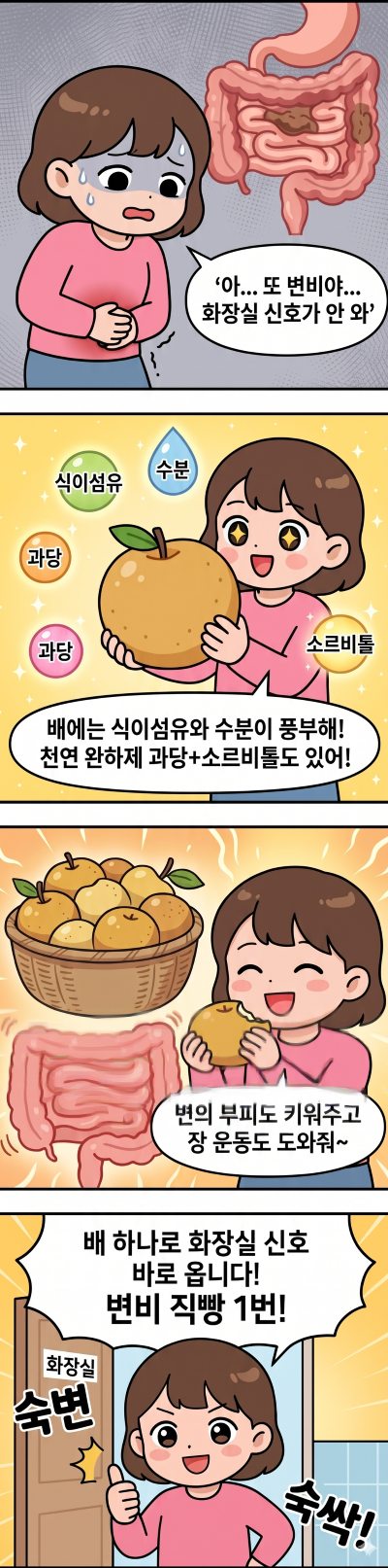 변비에 좋은 음식 배를 소개하는 웹툰으로 변비로 고생하는 여성이 배를 섭취하고 변비가 해소되는 내용