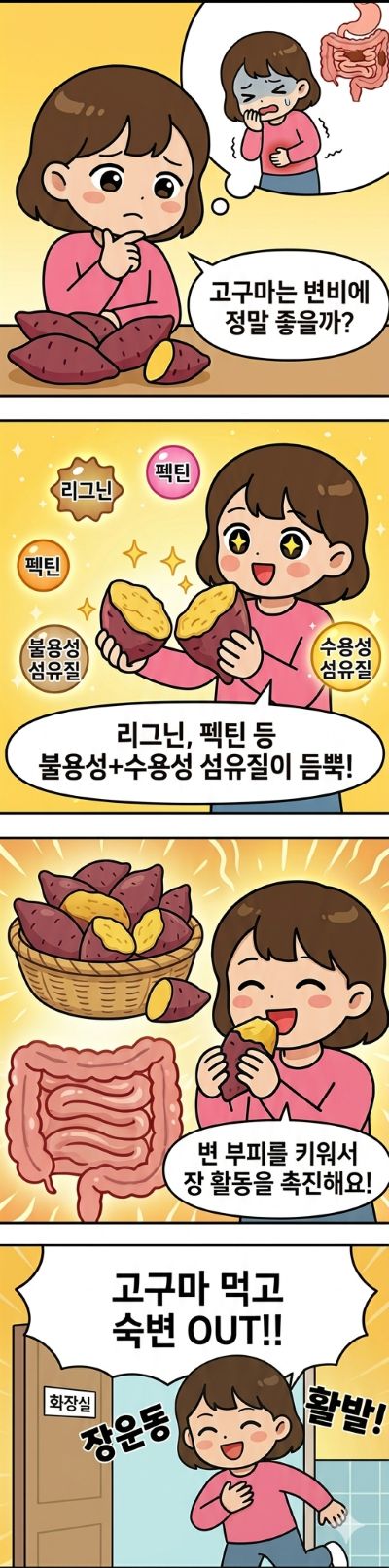 변비에 좋은 음식 고구마를 소개하는 웹툰으로 변비 환자가 고구마를 섭취한 후 화장실 신호를 느끼는 내용