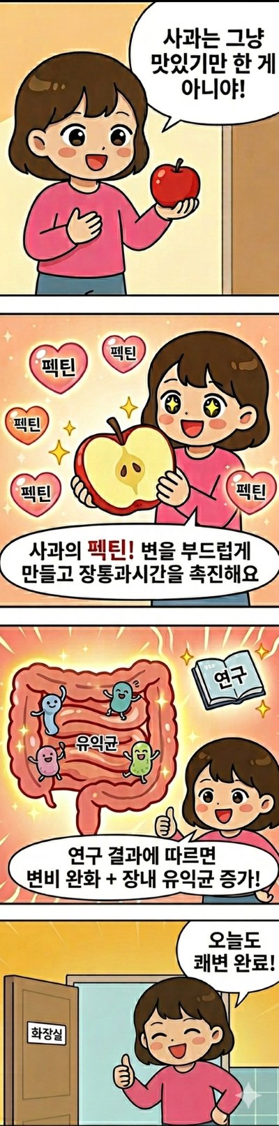 변비에 좋은 음식 사과를 소개하는 웹툰으로 변비 여성이 사과를 먹고 변비가 해소되는 내용