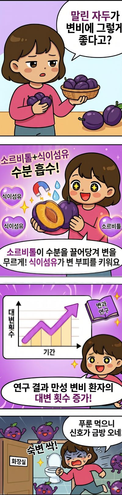 변비에 좋은 음식 푸룬(말린 자두)를 소개하는 웹툰으로 주인공이 푸룬을 먹고 화장실에 급히 달려가는 내용