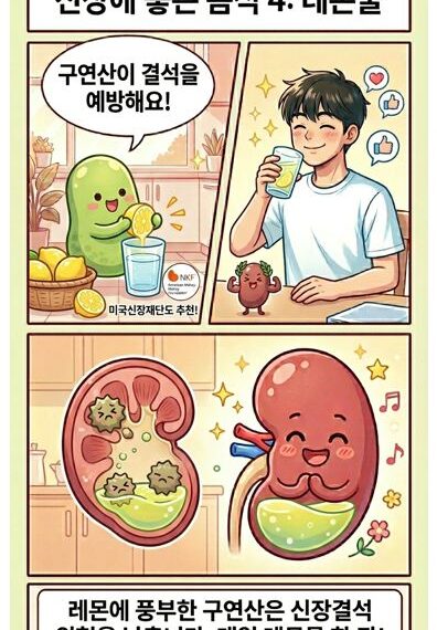 신장에 좋은 음식 4번째 컷으로 한 남성이 레몬물을 마시는 장면과 콩팥이 레몬물로 깨끗해지는 장면.