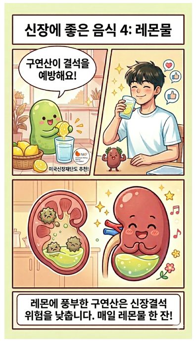 신장에 좋은 음식 4번째 컷으로 한 남성이 레몬물을 마시는 장면과 콩팥이 레몬물로 깨끗해지는 장면.