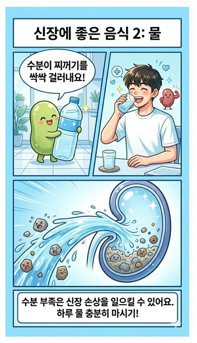신장에 좋은 음식 2번째 컷으로 한 남성이 물을 마시는 사진과 콩팥이 물로 정화되는 사진이 차례대로 묘사됨. 