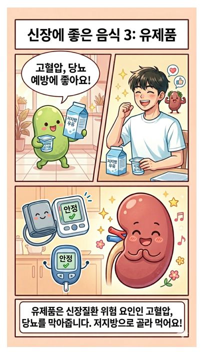 신장에 좋은 음식 3번째 컷으로 한 남성이 우유와 요거트를 즐기는 모습과 콩팥이 즐거워하는 사진. 