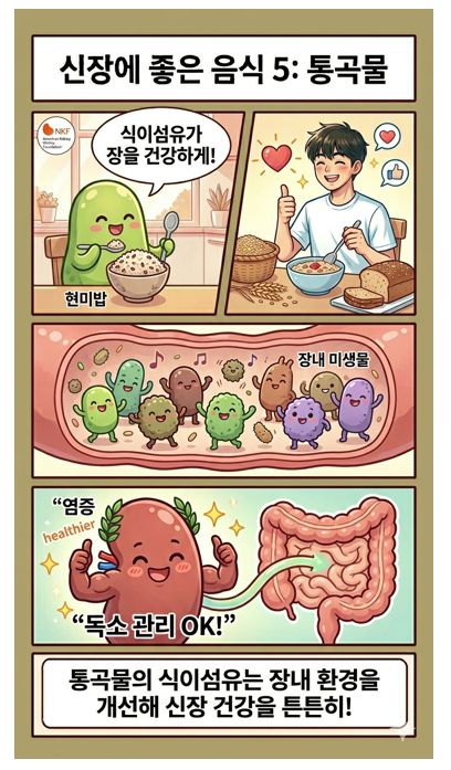 신장에 좋은 음식 5번째 컷으로 한 남성이 통곡물을 즐기는 장면과 장 내 미생물, 콩팥이 즐거워하는 장면. 