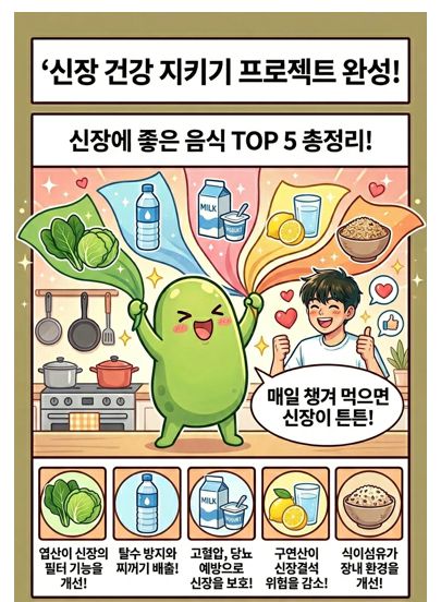 신장에 좋은 음식 마지막 컷으로 콩팥 캐릭터와 한 남성이 지금껏 나열된 채소, 물, 유제품, 레몬물, 통곡물을 다시 한 번 찬양하는 장면 