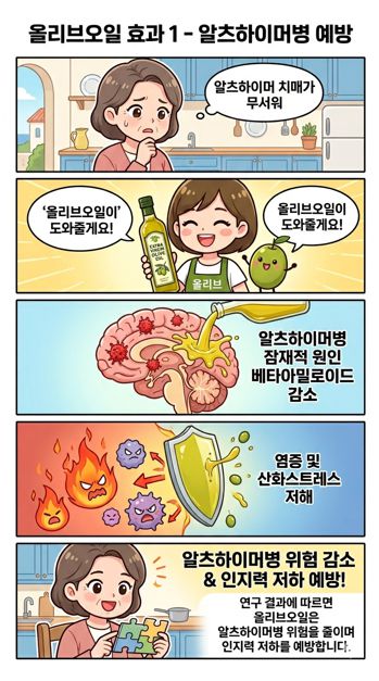 올리브오일 효과 1 알츠하이머병 예방에 관한 웹툰으로 치매를 걱정하는 중년 여성을 올리브캐릭터가 올리브오일을 추천함으로써 안심시키는 장면