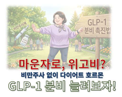 GLP1호르몬 분비 촉진법 마운자로 위고비 없이도 살빼자 정보글 커버 사진으로 한 여성이 GLP1 분비 촉진법 이정표를 가리키는 사진