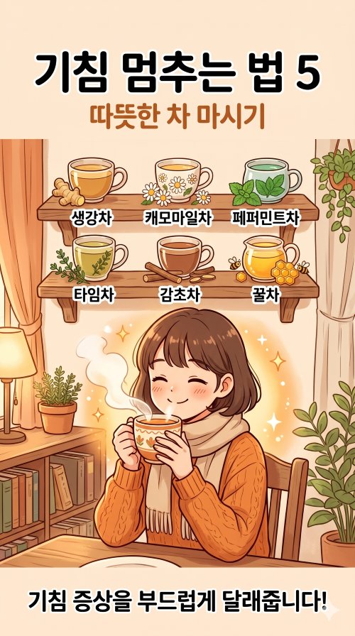 기침 멈추는 법 5 웹툰으로 캐릭터 따뜻한 차를 마시는 장면. 뒷 배경에는 캐모마일차, 꿀차, 생강차 등이 보임