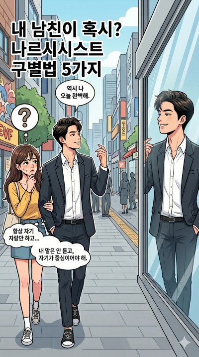 나르시시스트 구별법 5가지를 안내하는 글의 커버 사진으로 한 여성이 자신의 남자친구가 나르시시스트가 아닐까 의심하는 장면