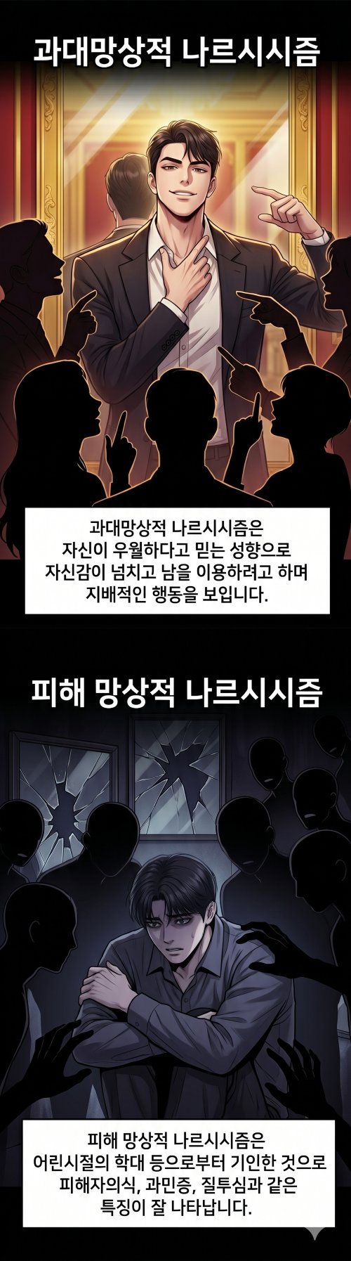 과대망상적 나르시시즘, 피해망상적 나르시시즘 등 나르시시즘 두 가지 종류를 안내하는 웹툰