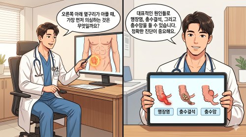 남자 오른쪽 아래 옆구리 통증의 잠재적인 원인을 설명하는 의사가 등장하는 웹툰