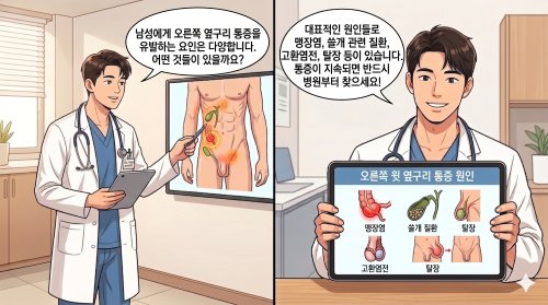 남자 오른쪽 옆구리 통증의 잠재적인 원인을 설명하는 의사가 등장하는 웹툰