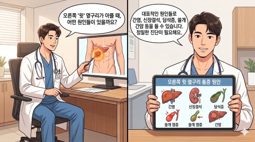 남자 오른쪽 윗 옆구리 통증의 잠재적인 원인을 설명하는 의사가 등장하는 웹툰