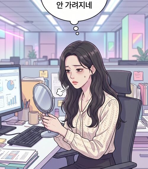다크서클 제거 방법에 관한 글로 한 여성이 회사에서 거울을 보며 다크서클을 고민하는 장면