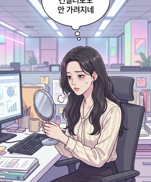 다크서클 제거 방법에 관한 글로 한 여성이 회사에서 거울을 보며 다크서클을 고민하는 장면
