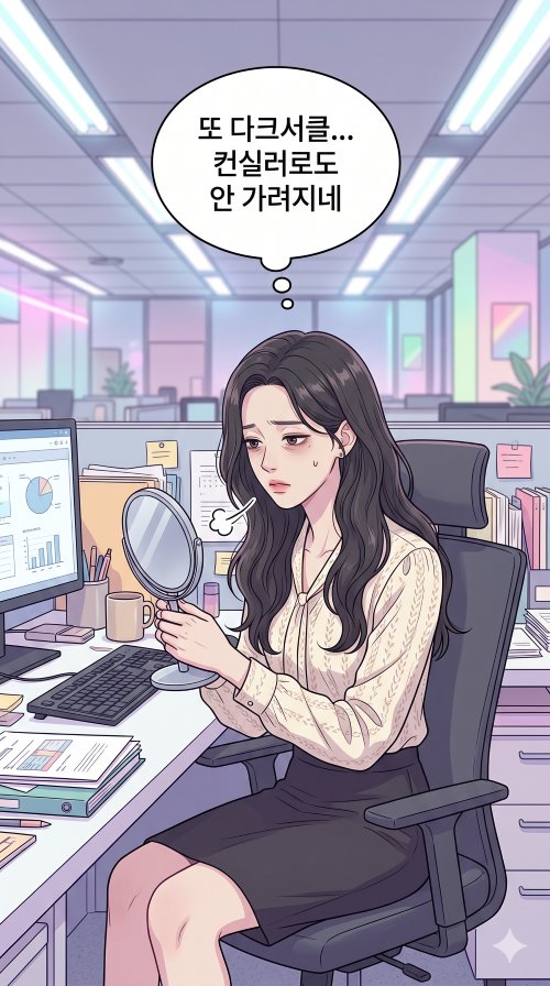 다크서클 제거 방법에 관한 글로 한 여성이 회사에서 거울을 보며 다크서클을 고민하는 장면