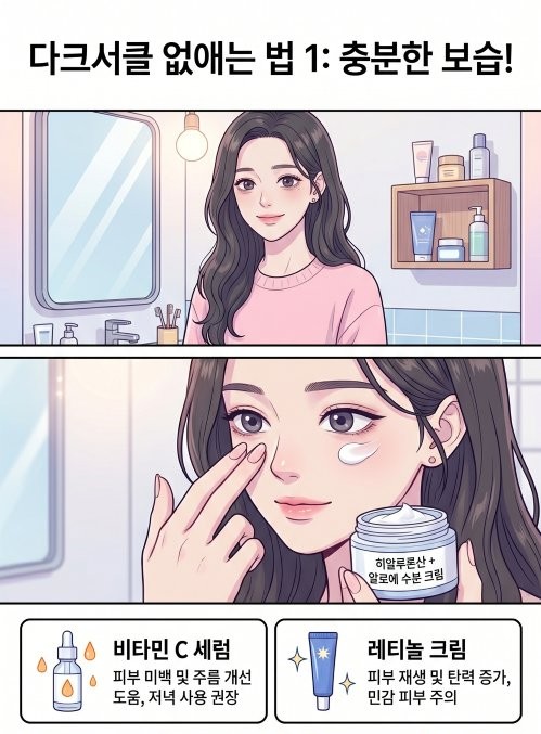 다크서클 제거 방법 1로 한 여성이 눈 밑에 수분 크림을 바르는 장면 